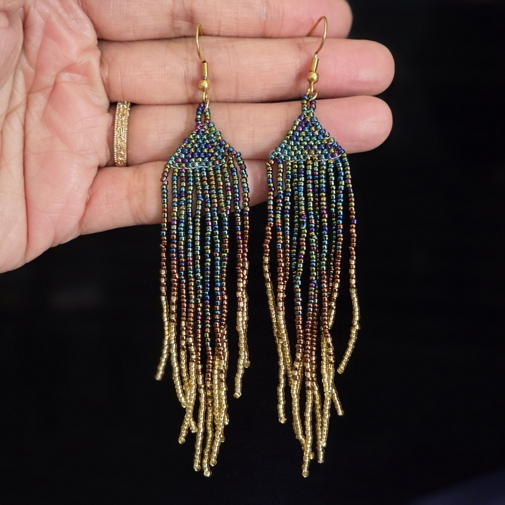 Night Luxe Boho Fringe Beaded Earrings Handmade Boheme Jewelry